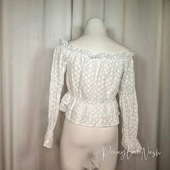 Shein Off Shoulder Floral Ruffle Hem Peplum Crop Top Blouse White - Picture 7 of 10